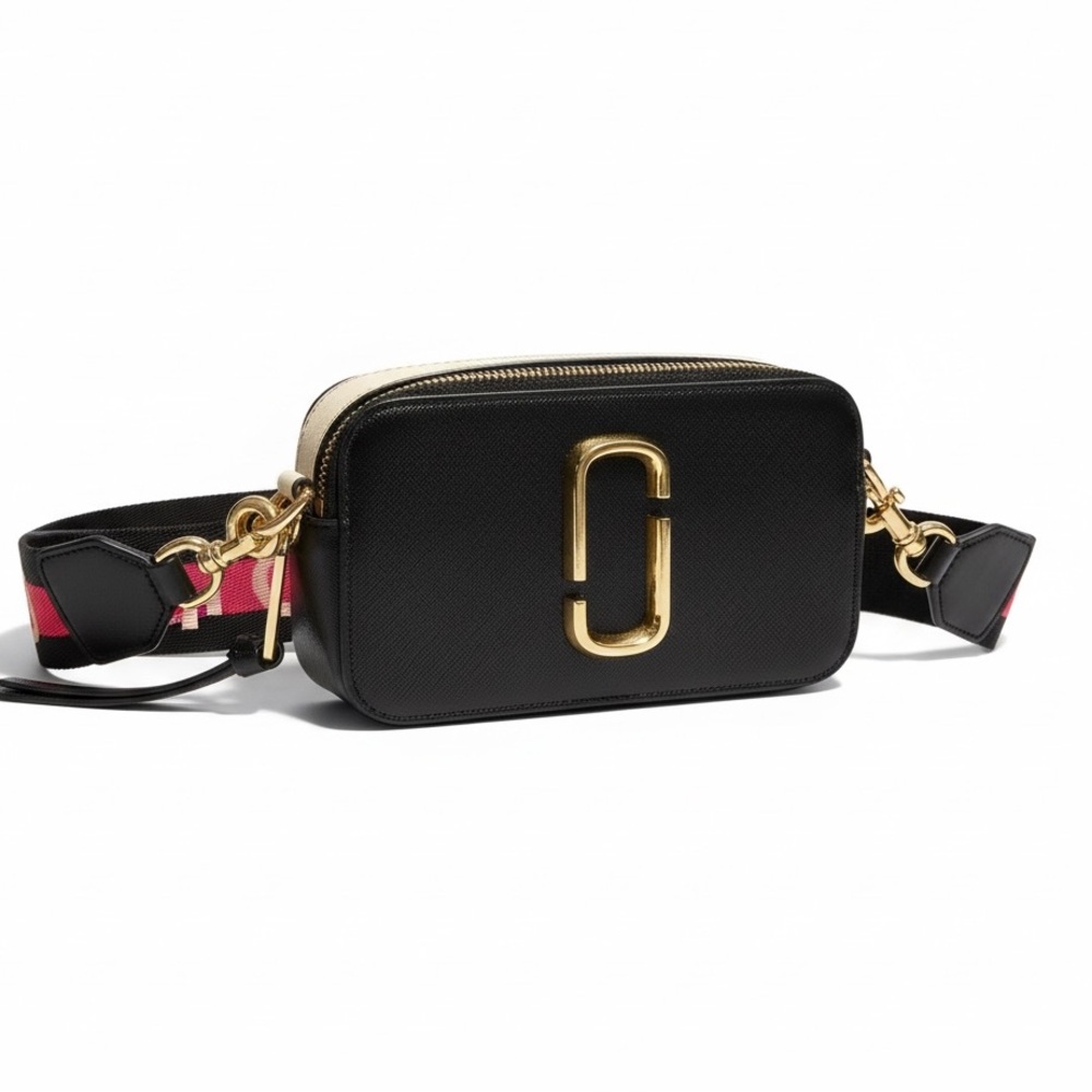 Marc Jacobs Black Leather Crossbody Camera Bag with Gold Hardware